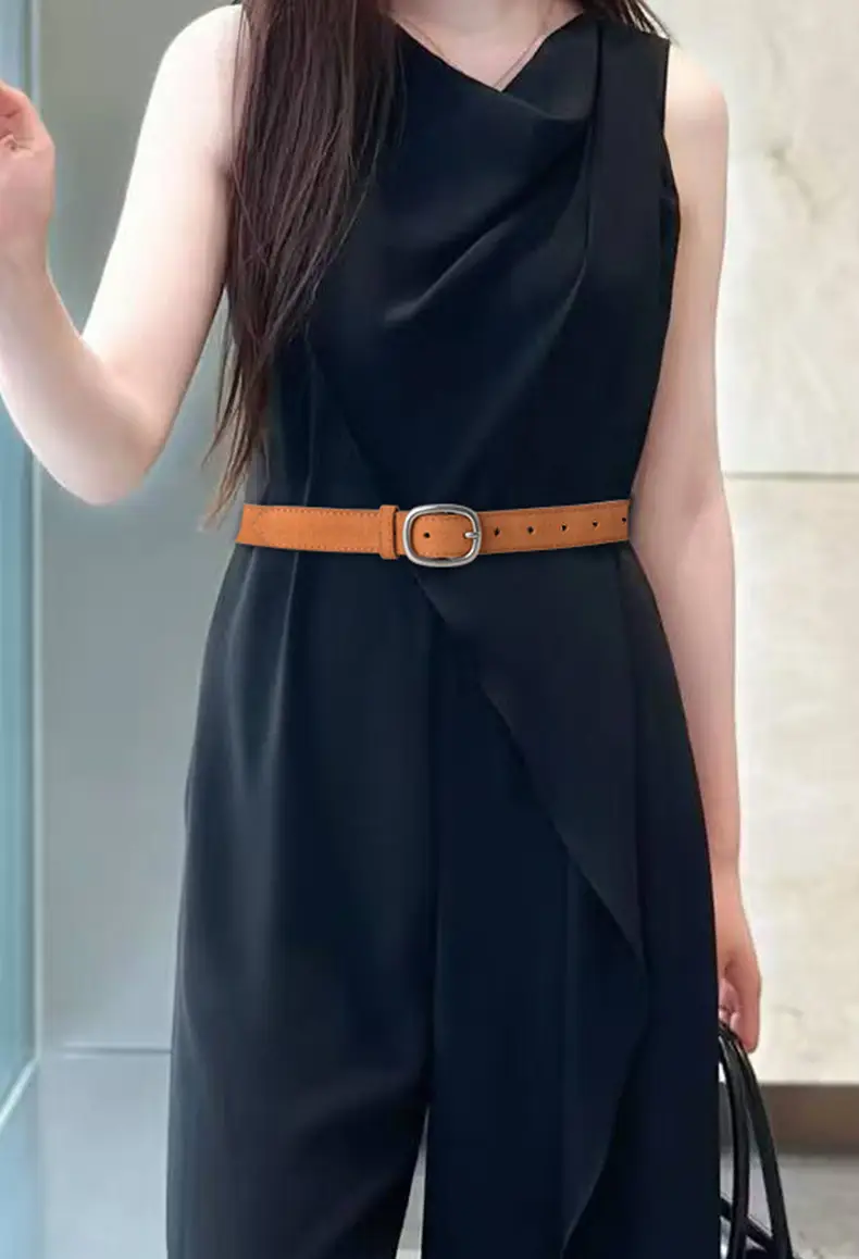 Vintage Brown Leather Belt with Pin Buckle for Women — feature 1