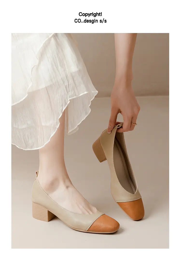 Simple women's shoes spring and autumn new shoes square toe thick heel shoes color matching four seasons commuting comfortable shallow mouth single shoes — feature 17