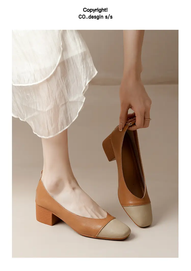 Simple women's shoes spring and autumn new shoes square toe thick heel shoes color matching four seasons commuting comfortable shallow mouth single shoes — feature 25