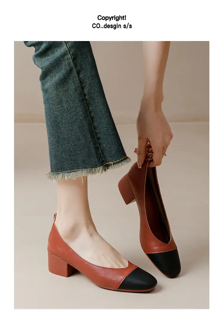 Simple women's shoes spring and autumn new shoes square toe thick heel shoes color matching four seasons commuting comfortable shallow mouth single shoes — feature 33