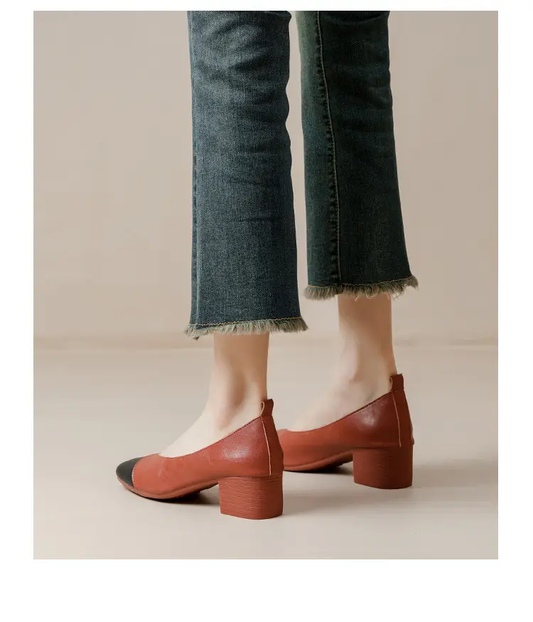 Simple women's shoes spring and autumn new shoes square toe thick heel shoes color matching four seasons commuting comfortable shallow mouth single shoes — feature 34