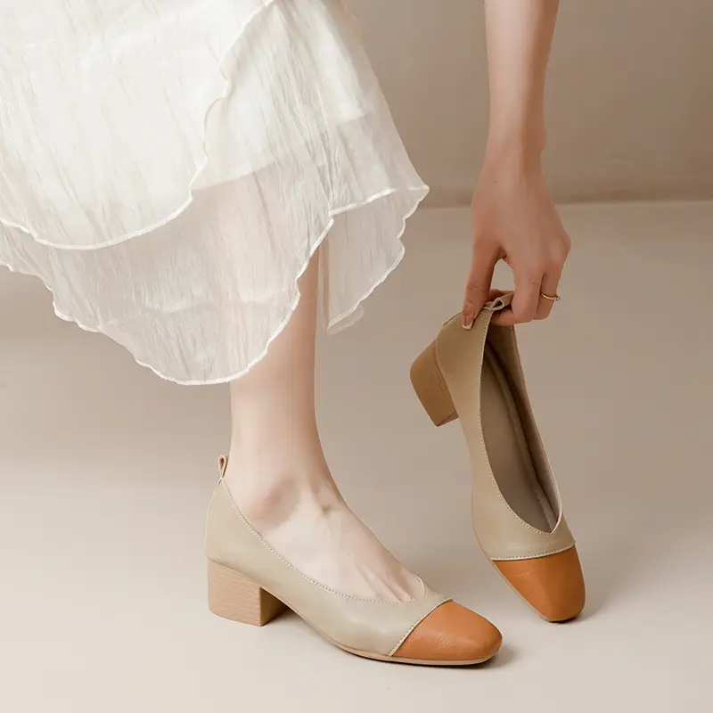 Simple women's shoes spring and autumn new shoes square toe thick heel shoes color matching four seasons commuting comfortable shallow mouth single shoes - Image 2