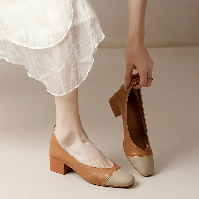 Simple women's shoes spring and autumn new shoes square toe thick heel shoes color matching four seasons commuting comfortable shallow mouth single shoes - Image 5