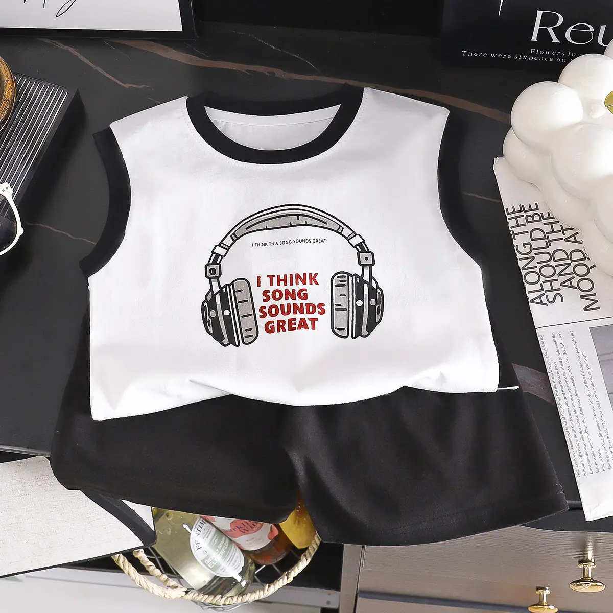 Kids Korean Style Vest Top Shorts Set Cotton White Black
