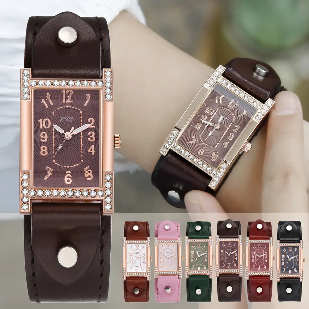Square Rhinestone Women's Watch Green Leather Magnetic Buckle - Image 8