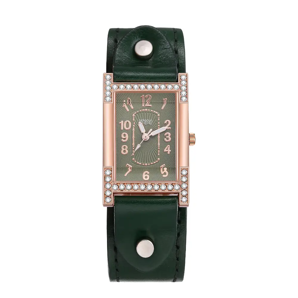 Square Rhinestone Women's Watch Green Leather Magnetic Buckle - Image 11