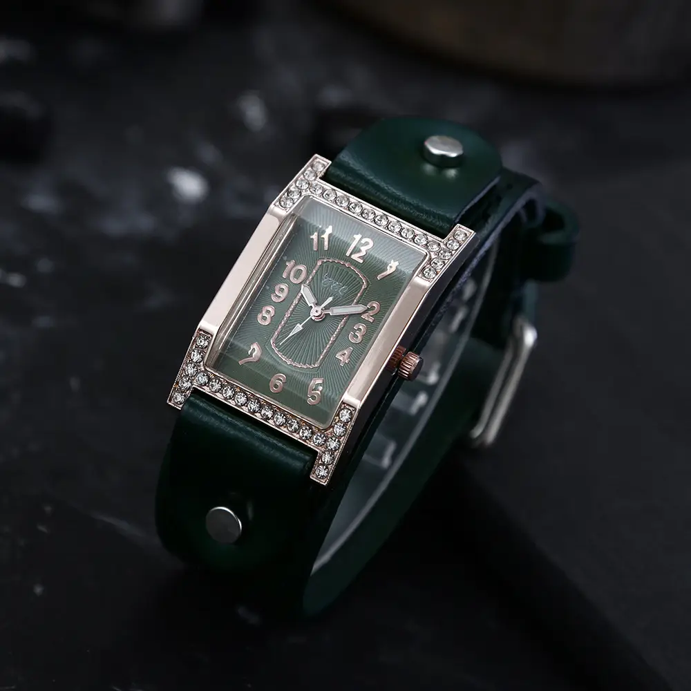 Square Rhinestone Women's Watch Green Leather Magnetic Buckle — feature 2