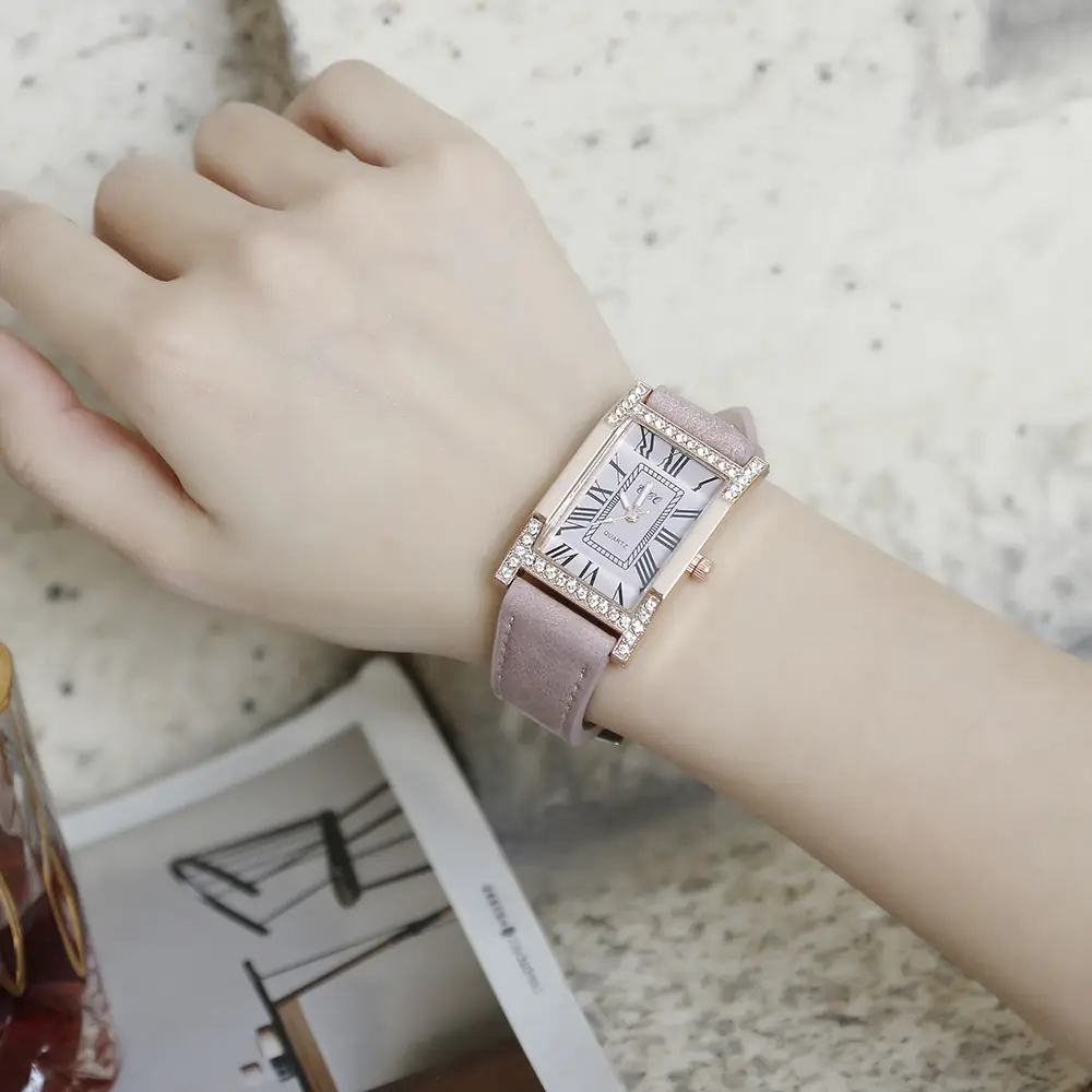 Women's Roman Numeral Diamond Watch Rose Gold Square Case - Image 9