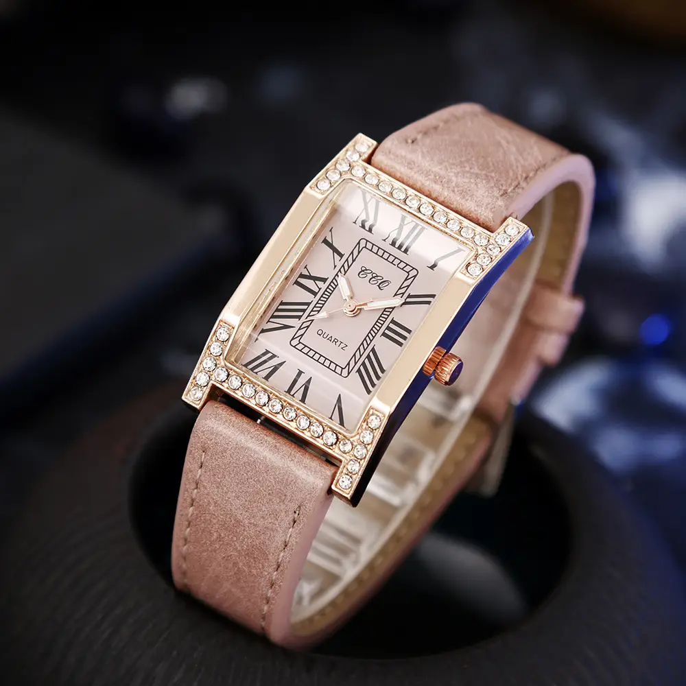 Women's Roman Numeral Diamond Watch Rose Gold Square Case — feature 1