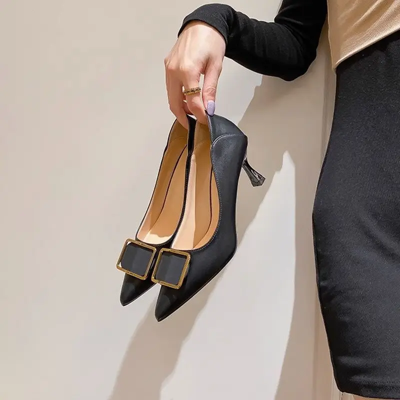 French-Style High Heels for Women, Stiletto Heels, 2026 Spring and Autumn New Style, Elegant Socialite Pointed Toe Square Buckle, Comfortable Work Shoes for Women