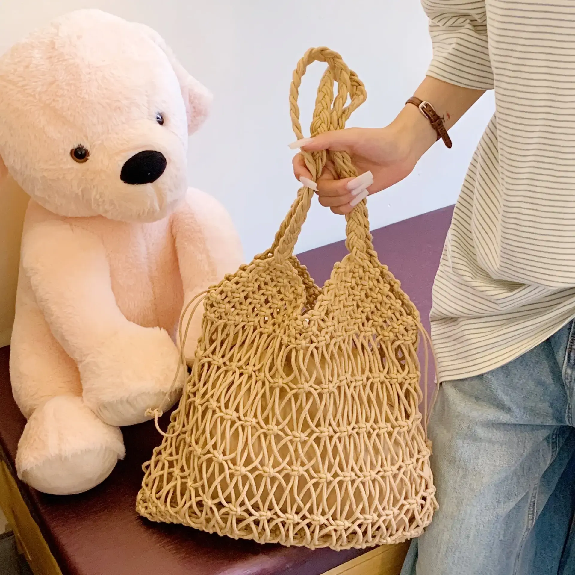 White Hand-Woven Large Shoulder Bag for Women - Image 4