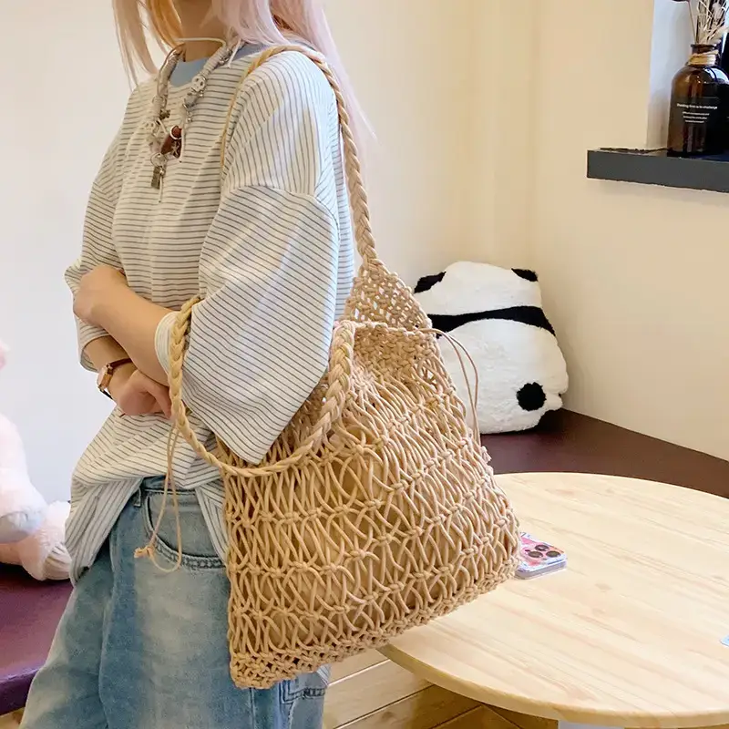 White Hand-Woven Large Shoulder Bag for Women - Image 6