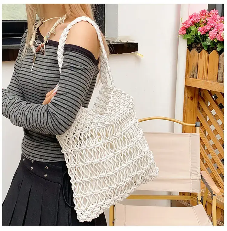White Hand-Woven Large Shoulder Bag for Women — feature 3