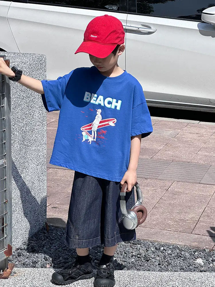Kids Blue Beach Print Cotton T-Shirt 2025