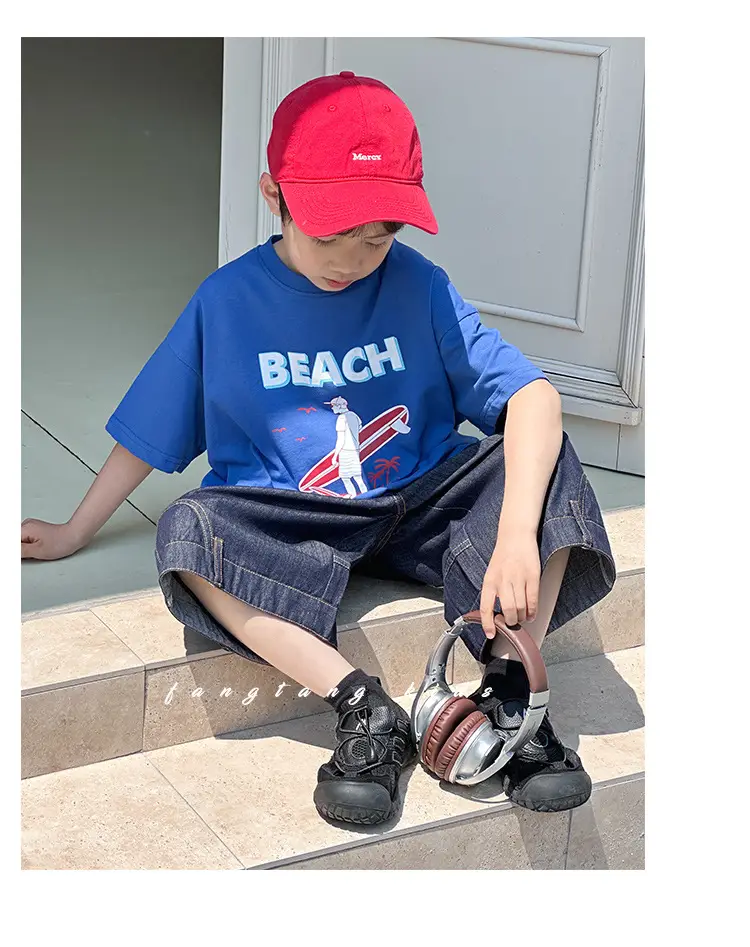 Kids Blue Beach Print Cotton T-Shirt 2025 — feature 23