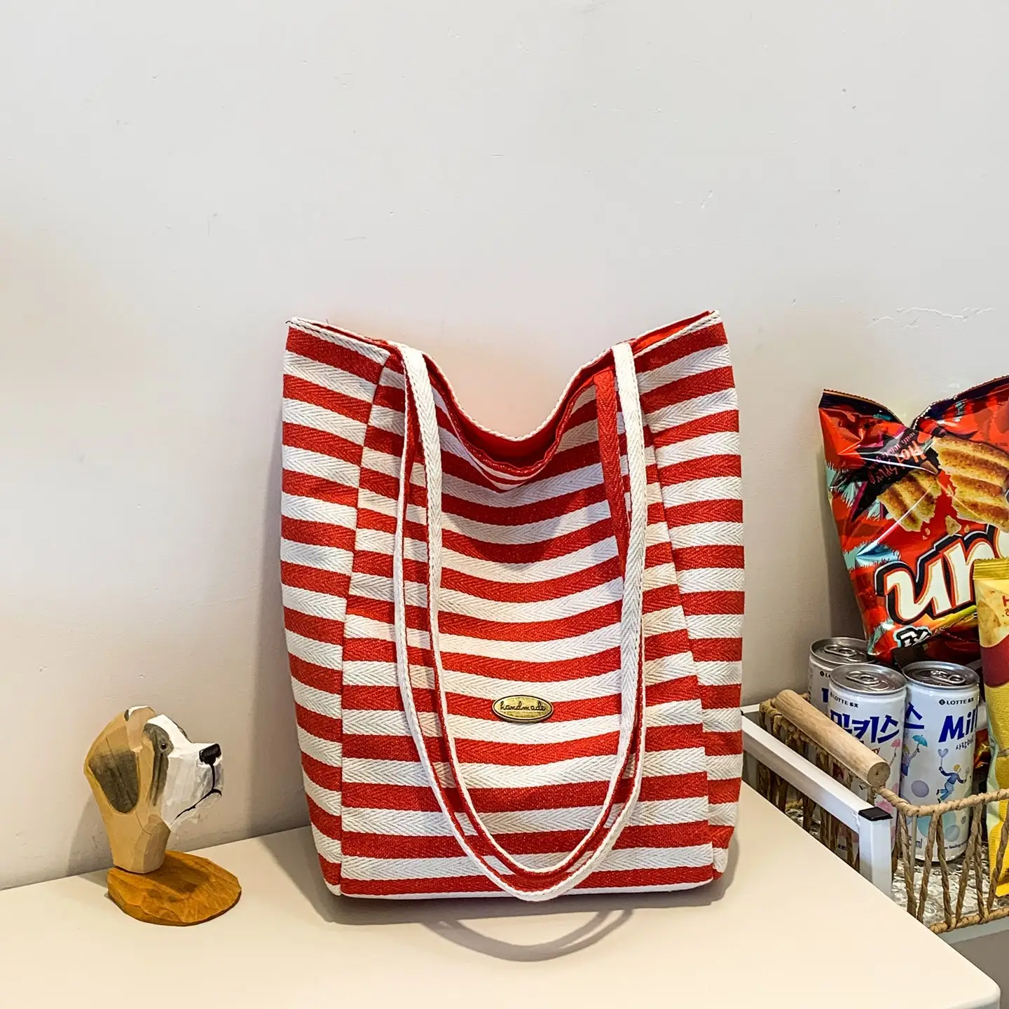 Women Red White Striped Canvas Shoulder Bag Large Capacity - Image 4