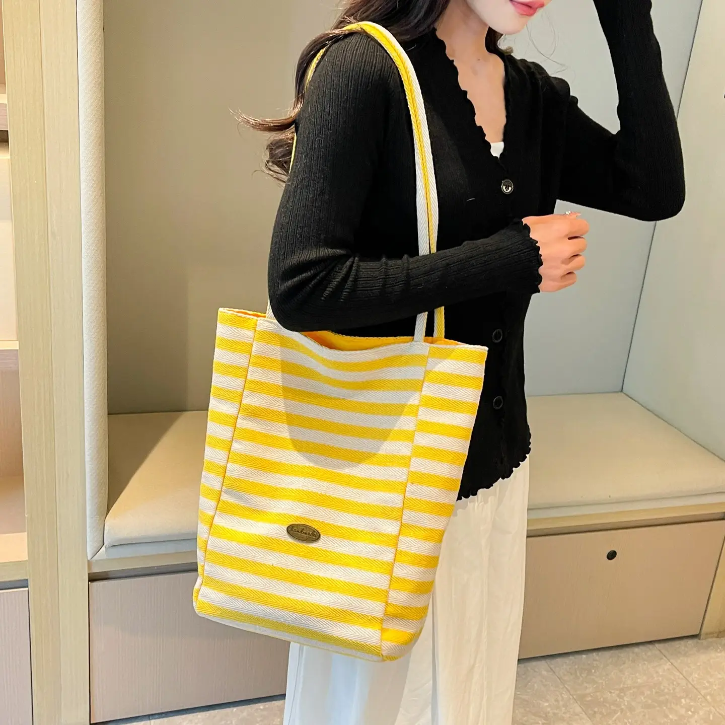 Women Red White Striped Canvas Shoulder Bag Large Capacity - Image 5