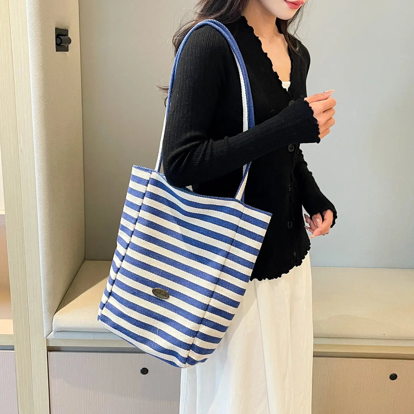 Women Red White Striped Canvas Shoulder Bag Large Capacity - Image 6