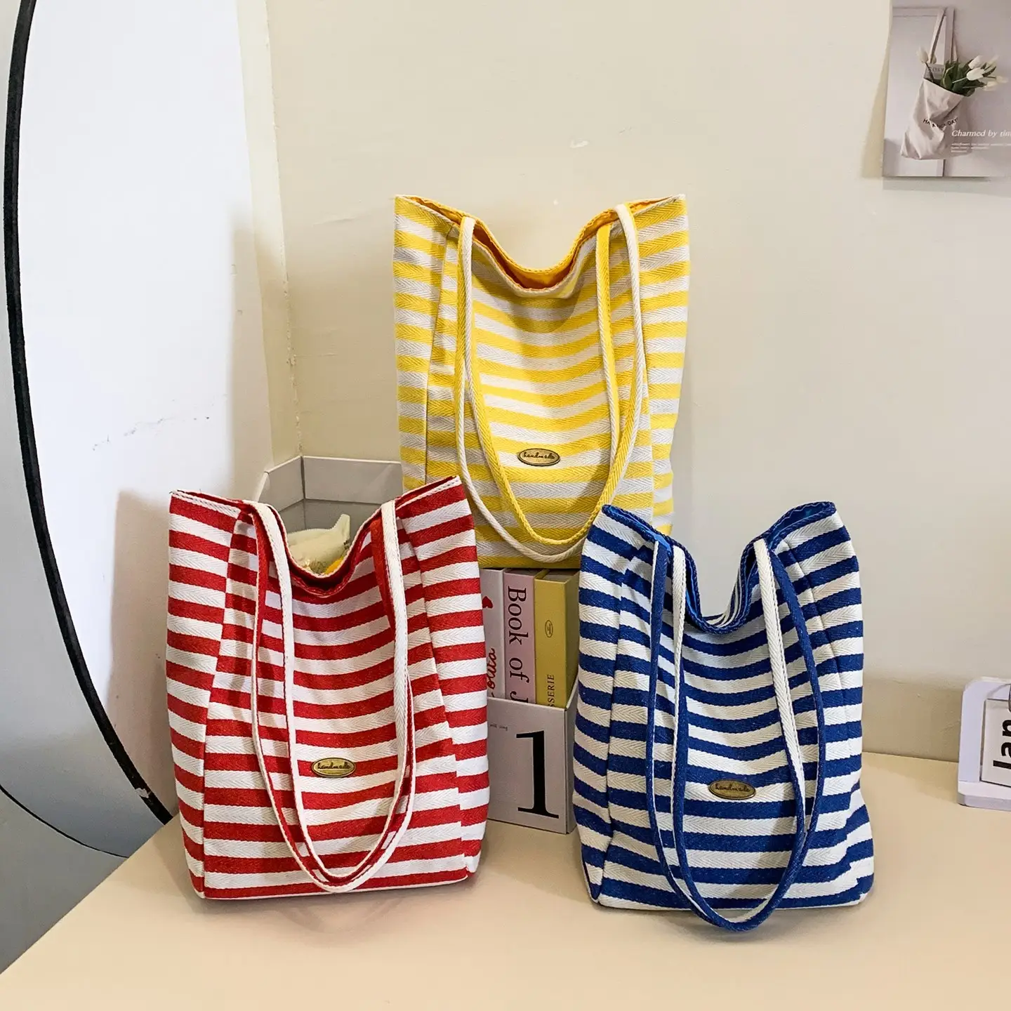 Women Red White Striped Canvas Shoulder Bag Large Capacity - Image 7