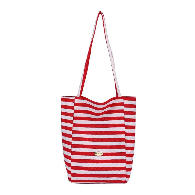 Women Red White Striped Canvas Shoulder Bag Large Capacity - Image 8