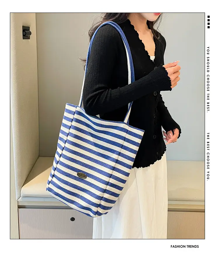 Women Red White Striped Canvas Shoulder Bag Large Capacity — feature 1