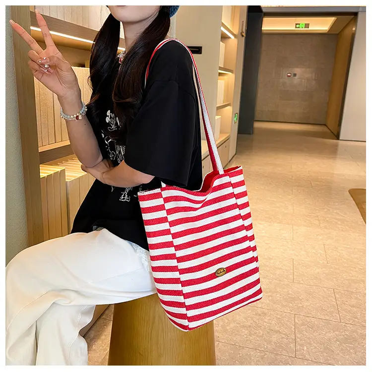 Women Red White Striped Canvas Shoulder Bag Large Capacity — feature 10