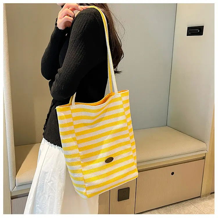 Women Red White Striped Canvas Shoulder Bag Large Capacity — feature 11