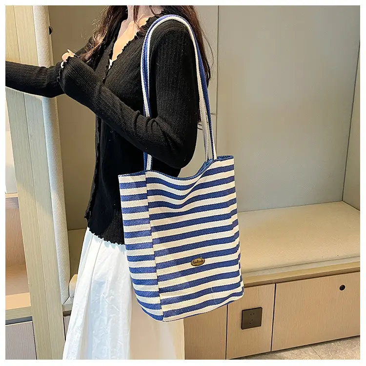 Women Red White Striped Canvas Shoulder Bag Large Capacity — feature 12