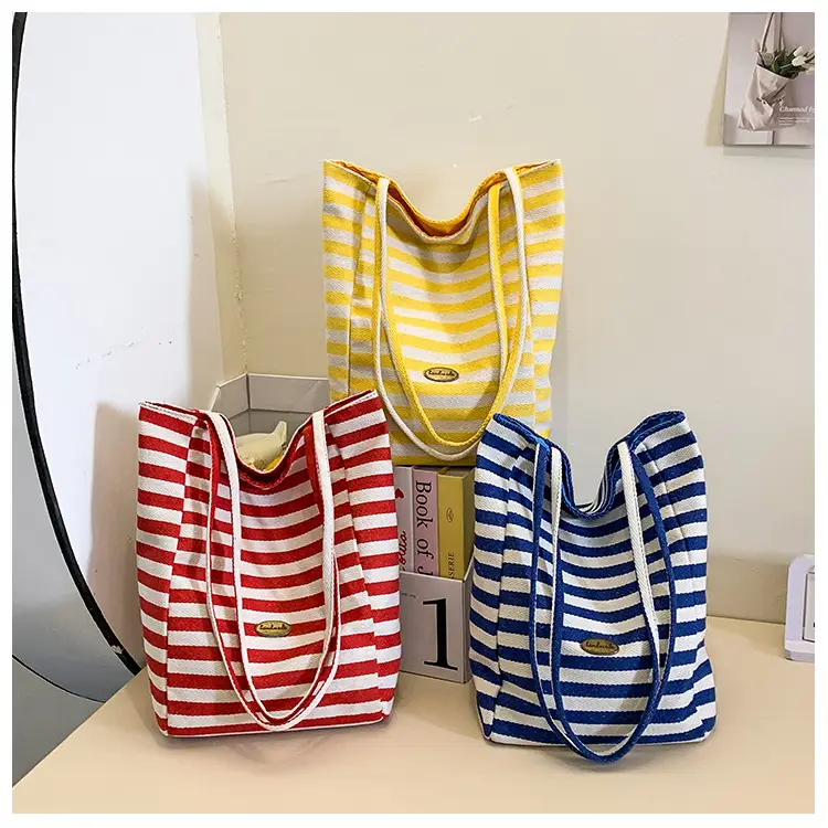 Women Red White Striped Canvas Shoulder Bag Large Capacity — feature 13