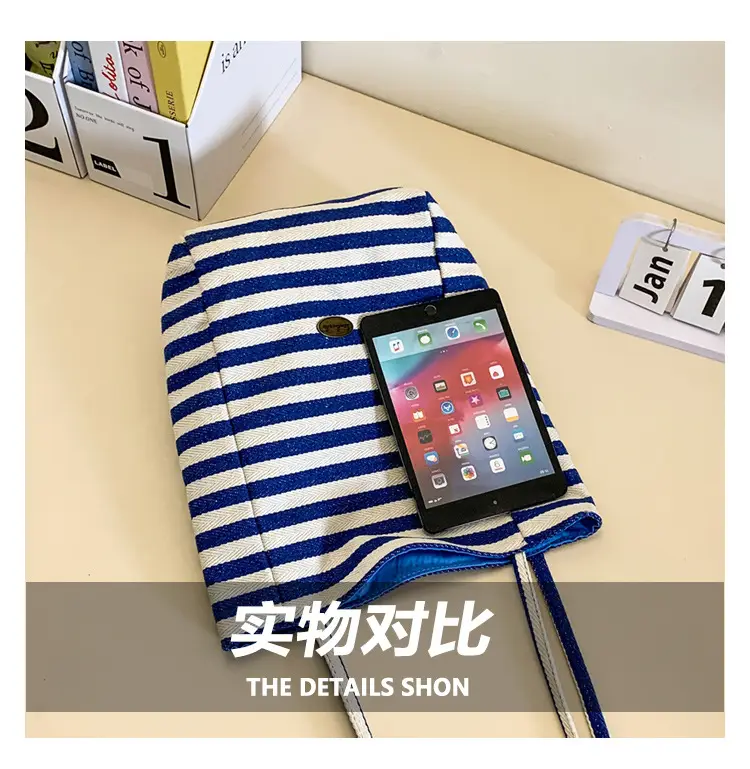 Women Red White Striped Canvas Shoulder Bag Large Capacity — feature 5