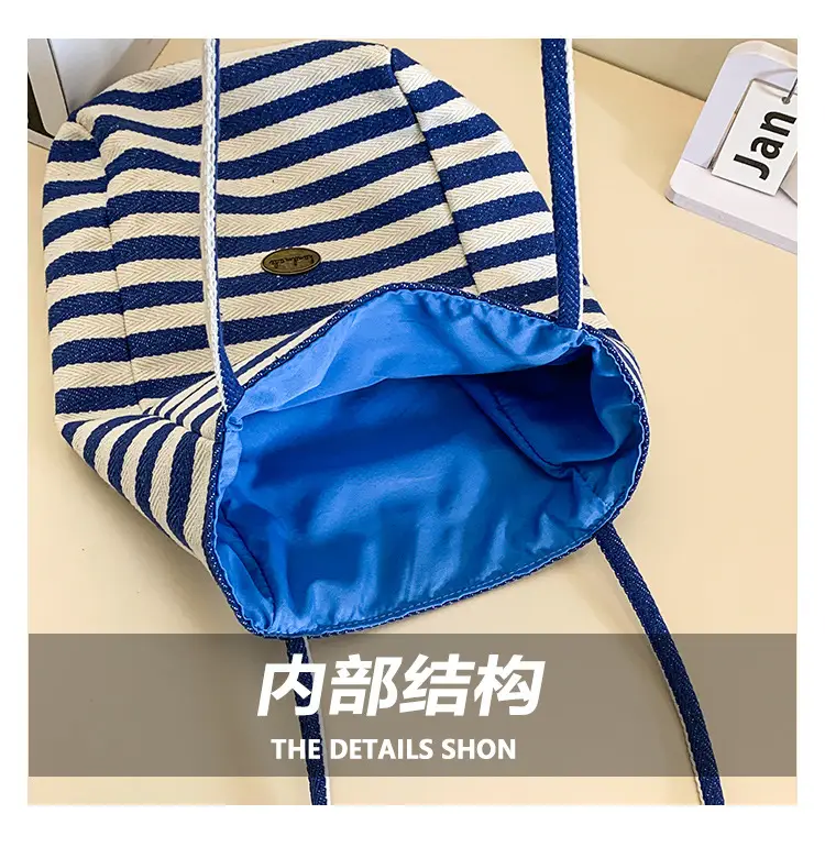 Women Red White Striped Canvas Shoulder Bag Large Capacity — feature 6