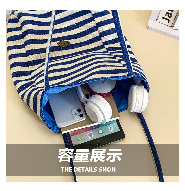 Women Red White Striped Canvas Shoulder Bag Large Capacity — feature 7