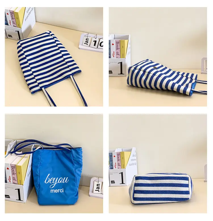 Women Red White Striped Canvas Shoulder Bag Large Capacity — feature 8