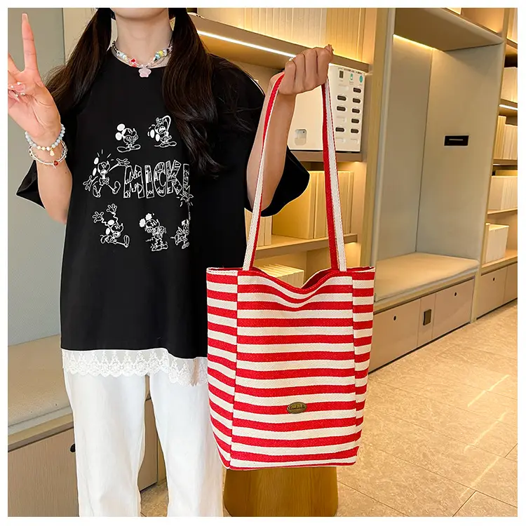 Women Red White Striped Canvas Shoulder Bag Large Capacity — feature 9
