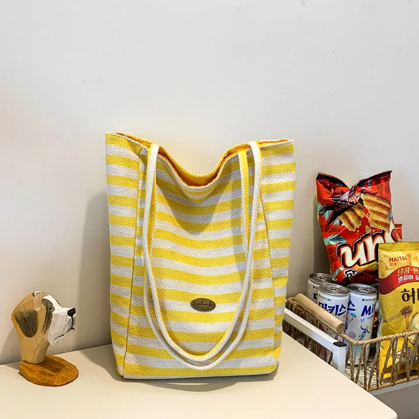 Women Red White Striped Canvas Shoulder Bag Large Capacity - Image 2