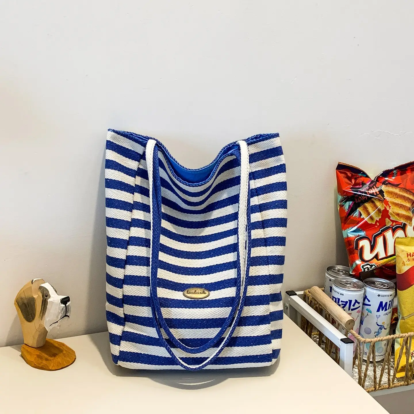 Women Red White Striped Canvas Shoulder Bag Large Capacity - Image 3