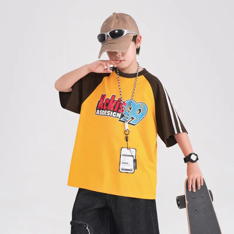 Boys T-Shirt Yellow Black 2025 Kids Summer Loose Fit