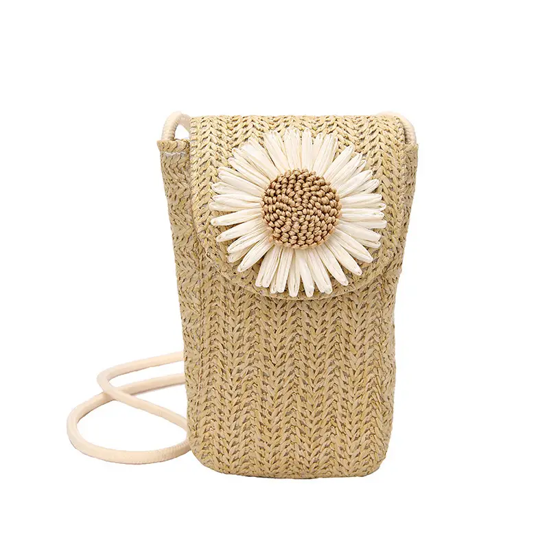 Women's Straw Flower Crossbody Bag Beige - Image 7