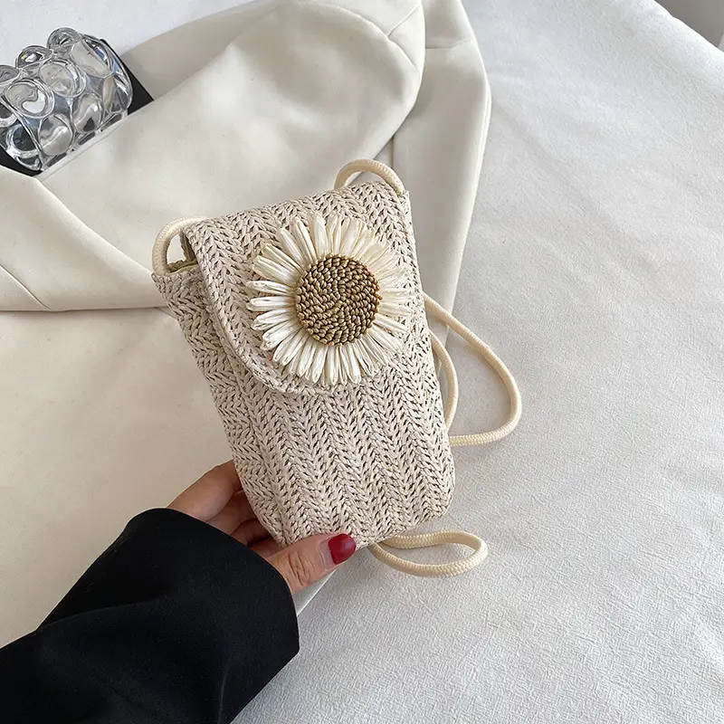 Women's Straw Flower Crossbody Bag Beige - Image 2