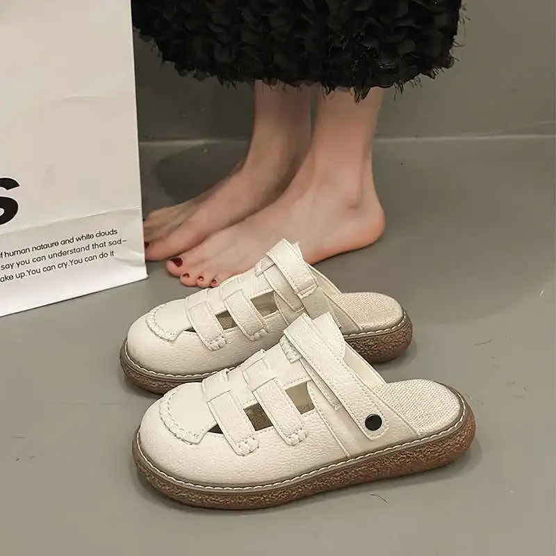Women White Leather Roman Sandals 2025 Summer - Image 3