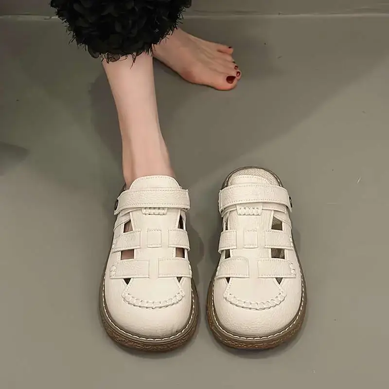 Women White Leather Roman Sandals 2025 Summer - Image 4