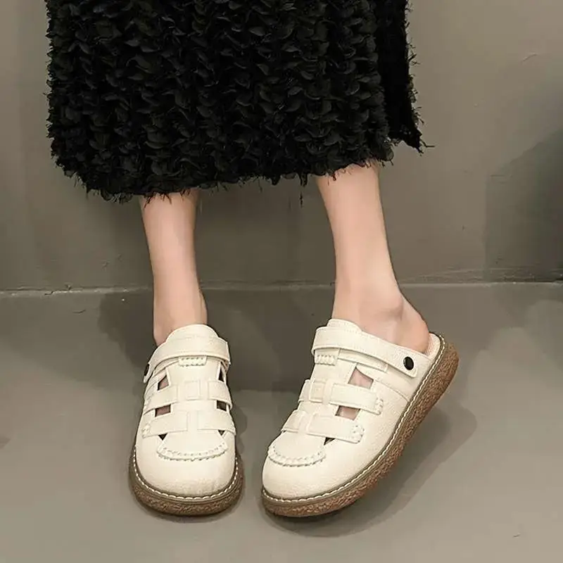 Women White Leather Roman Sandals 2025 Summer - Image 5