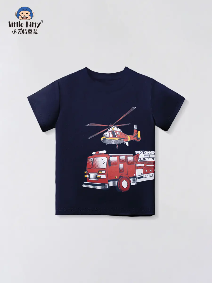 2025 Kids Cartoon Car T-Shirt Navy Cotton Short Sleeve - Image 2