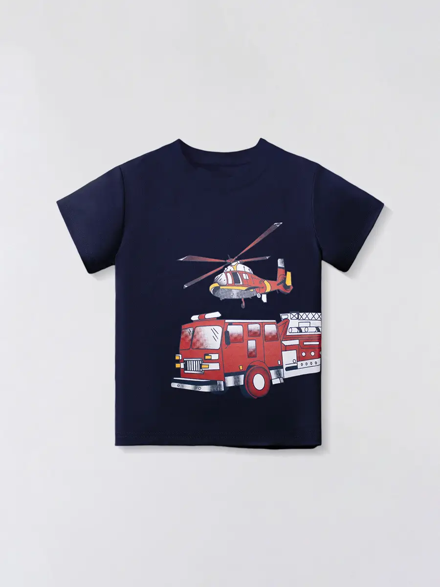 2025 Kids Cartoon Car T-Shirt Navy Cotton Short Sleeve - Image 6