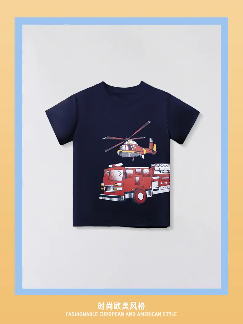 2025 Kids Cartoon Car T-Shirt Navy Cotton Short Sleeve — feature 3