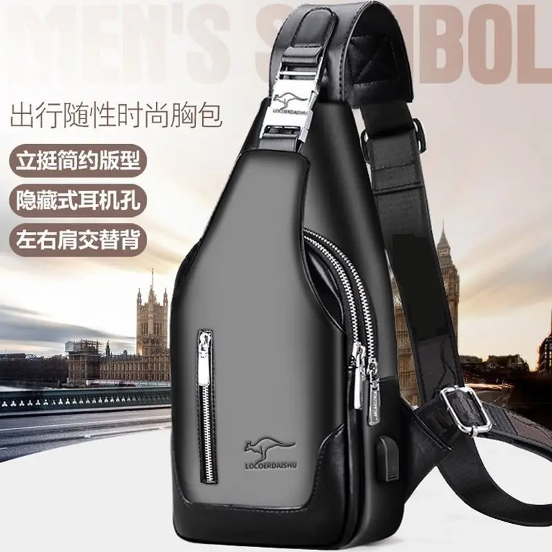 Men's Black Wireless Charging Crossbody Bag Large Capacity