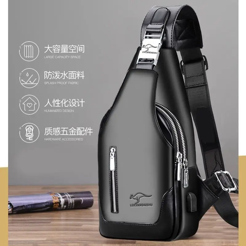 Men's Black Wireless Charging Crossbody Bag Large Capacity