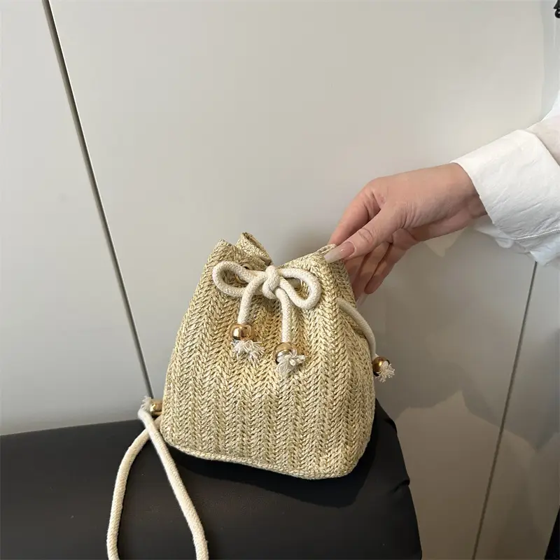 Women's Drawstring Bucket Bag Cream Woven 2025 - Image 4