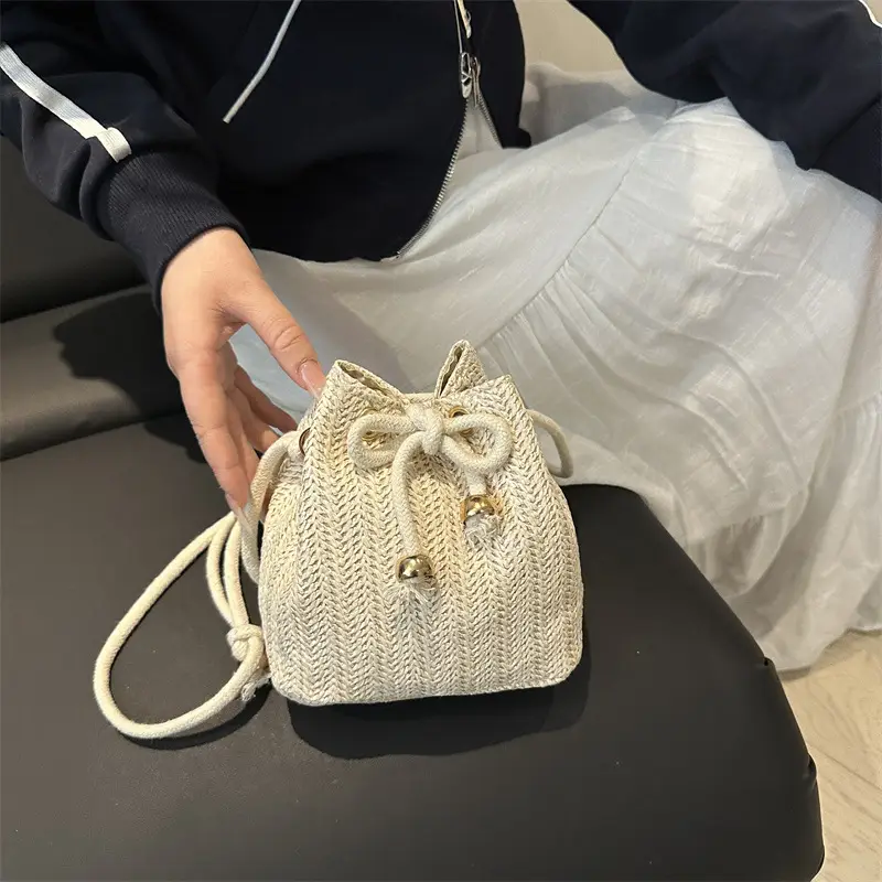 Women's Drawstring Bucket Bag Cream Woven 2025 - Image 6