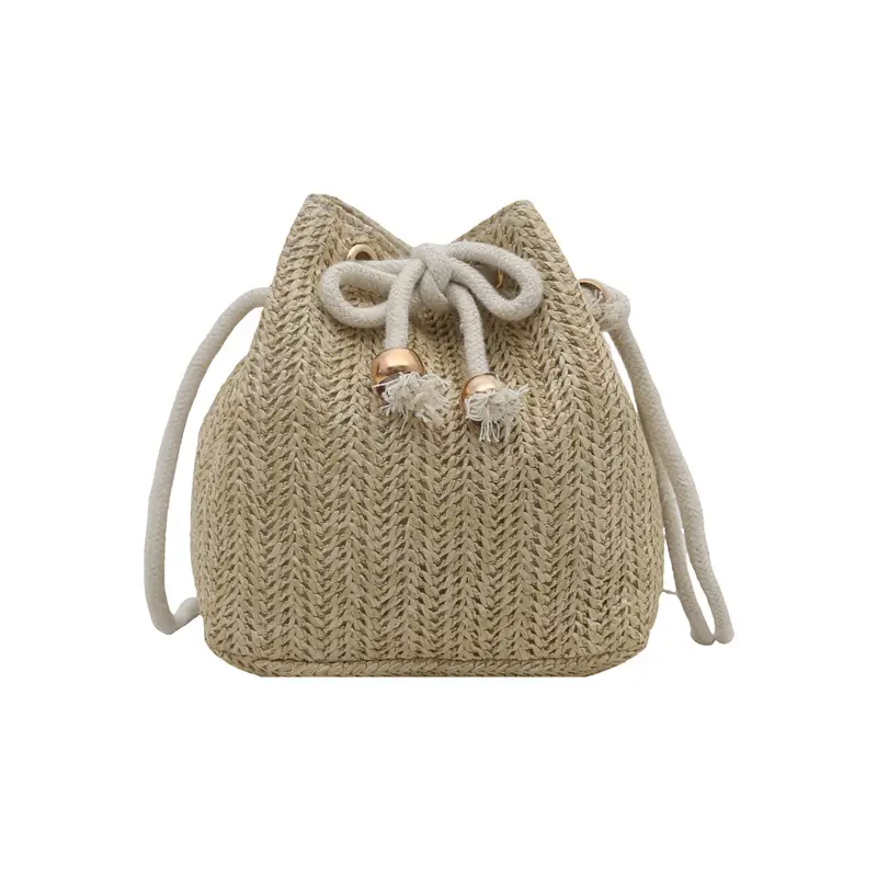 Women's Drawstring Bucket Bag Cream Woven 2025 - Image 7